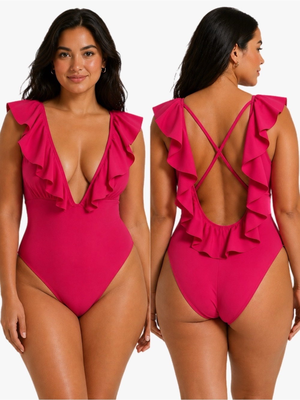 NWT Ruffled Plunging Deep V One-Piece Swimsuit Hot Pink Women’s XL